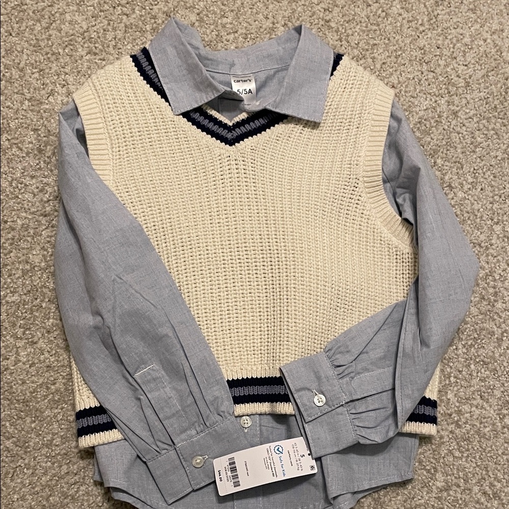 Cream Knit Vest with Blue Shirt